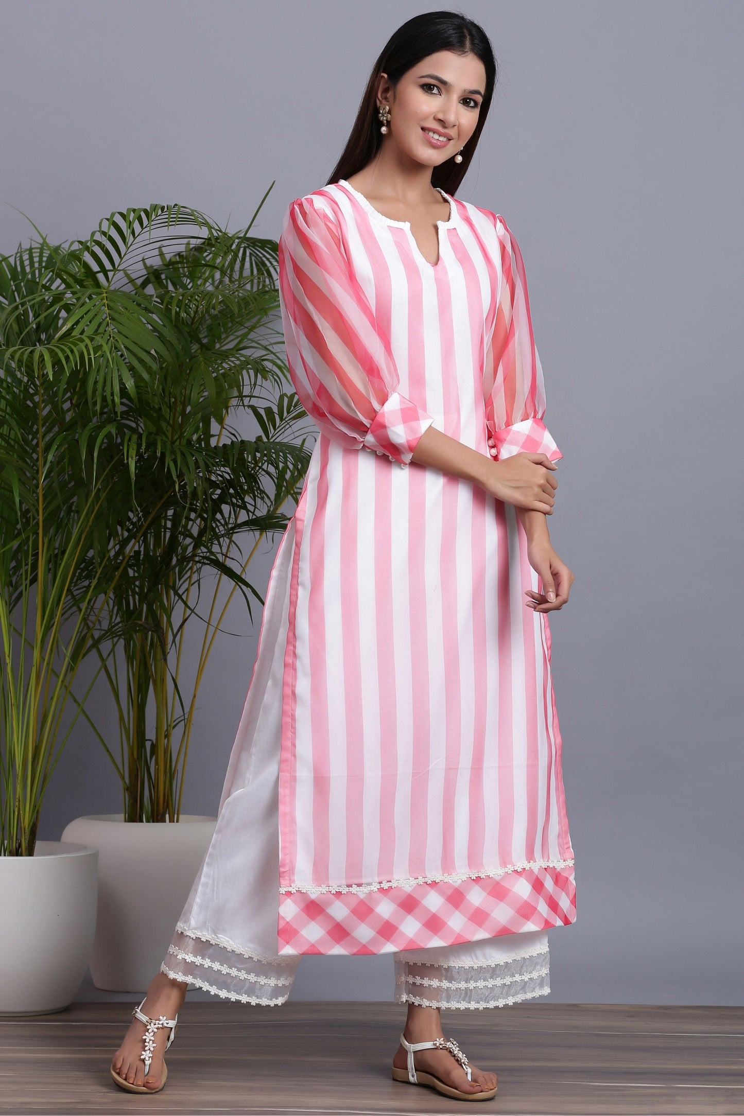 Organza Striped Kurta Plazo Set