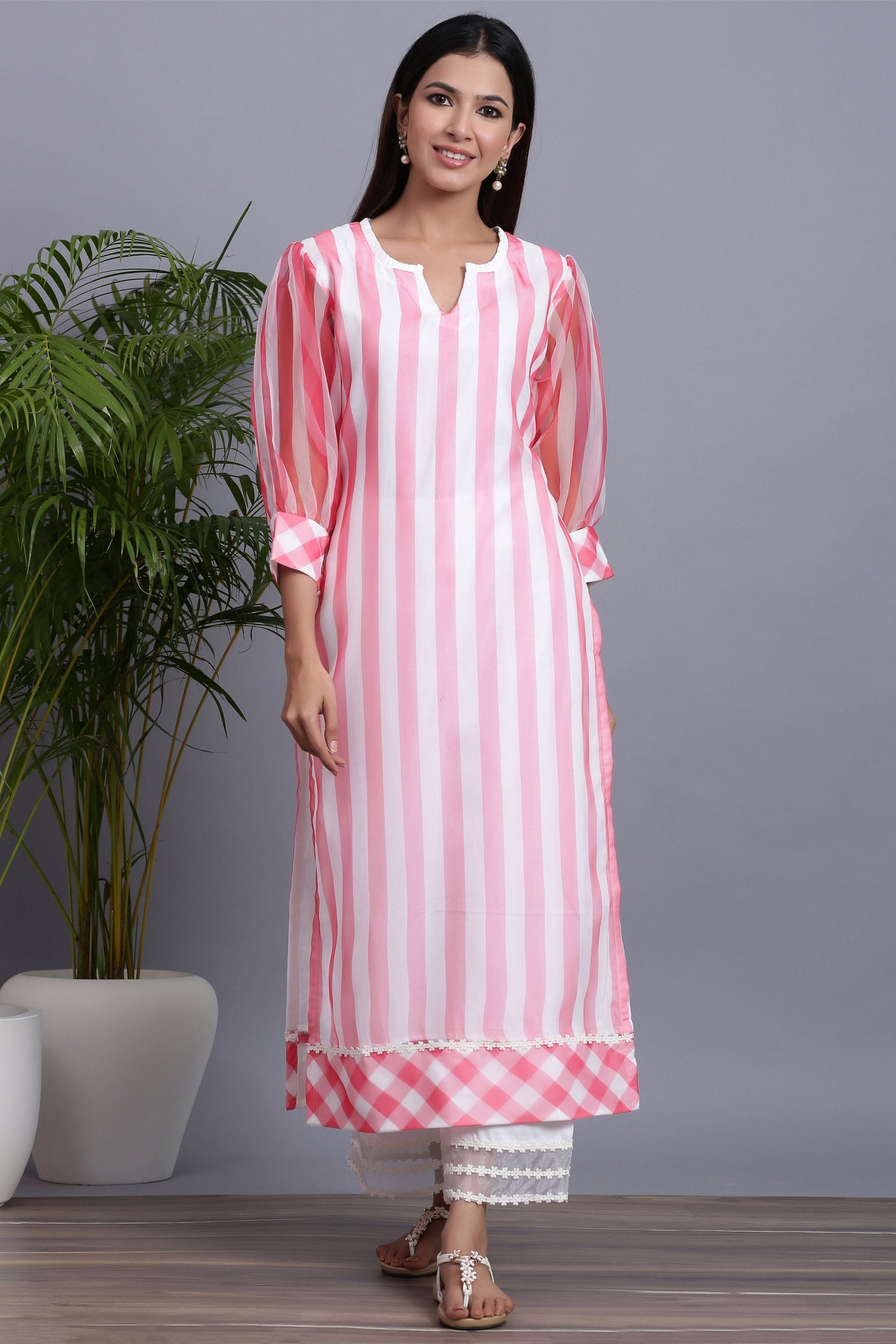Organza Striped Kurta Plazo Set