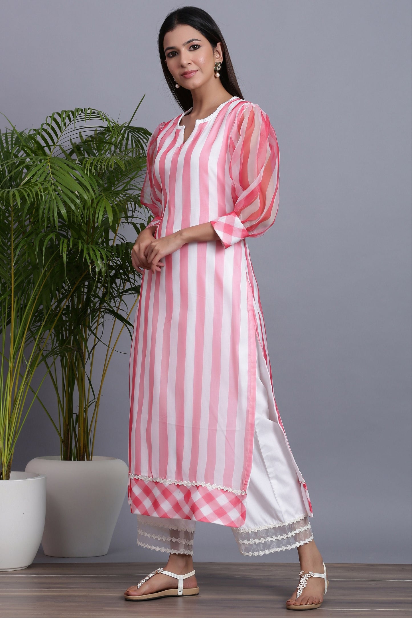 Organza Striped Kurta Plazo Set